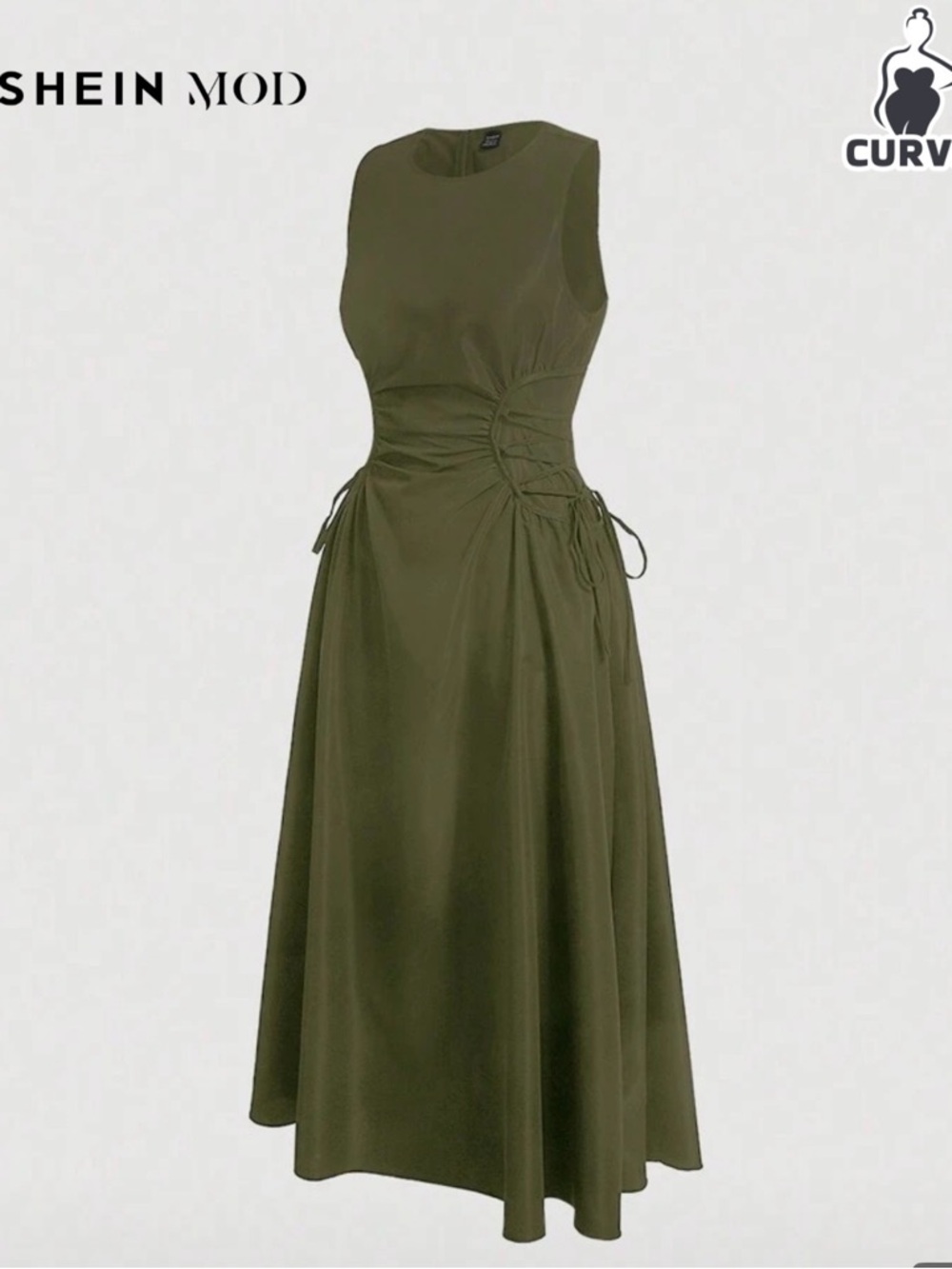SHEIN Olive Green Sleeveless Midi Dress with Side Ruched Drawstrings